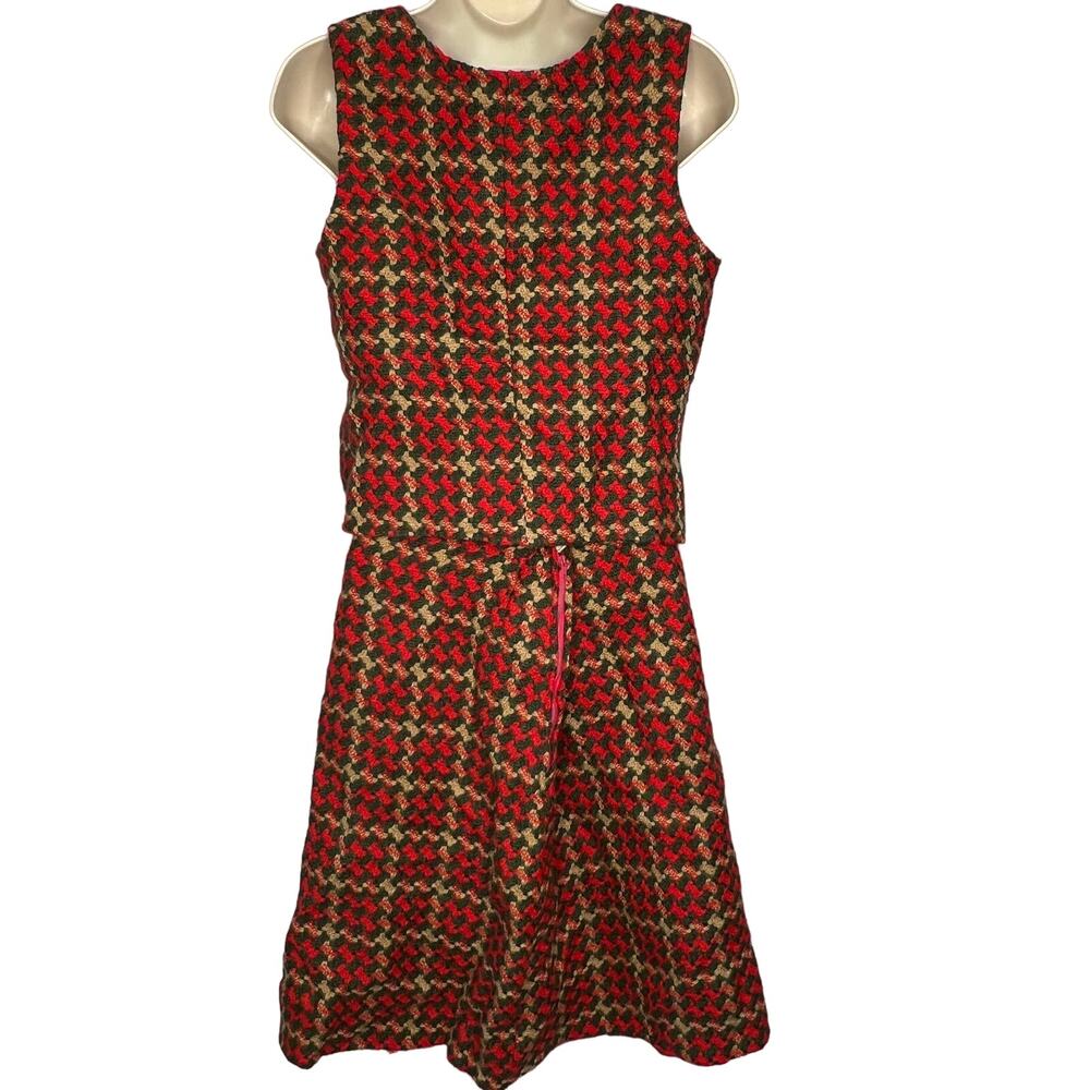 Vintage Handmade 2 Piece Outfit Pencil Skirt Cropped Vest Red Green Tweed M/L - Picture 2 of 10